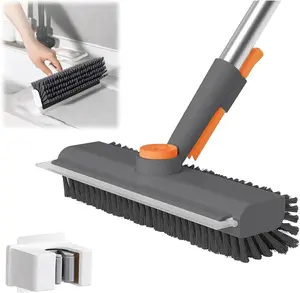 3-in-1 Scrub Brush with Long Handle Floor Scrubber Squeegee Broom Shower Cleaning Brush for Concrete Tile Wall Deck Patio Grey 180° Stiff Bristle Full Rotation Smooth Silicone Squeegee Adjustable Handle