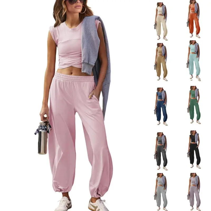 SCUSTY Women's Two Pieces Sweatsuits Casual Cropped Tee Top Sweatpants Athletic Tracksuits