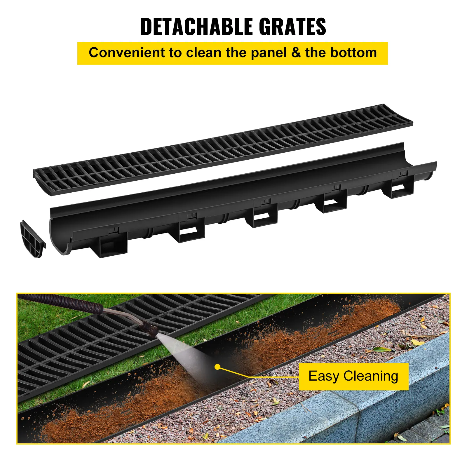 【summerfinds】VEVOR Trench Drain System, Channel Drain with Plastic Grate, 5.8x3.1-Inch HDPE Drainage Trench, Black Plastic Garage Floor Drain, 6x39 Trench Drain Grate, with 6 End Caps, for Garden, Driveway-6 Pack
