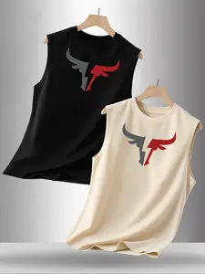 Men's Summer Casual Sleeveless Vest, Bull Head Print, Outdoor Sports Wear, Daily Versatile, 2 Pack, Fitted Style, Fitness Workout Vest