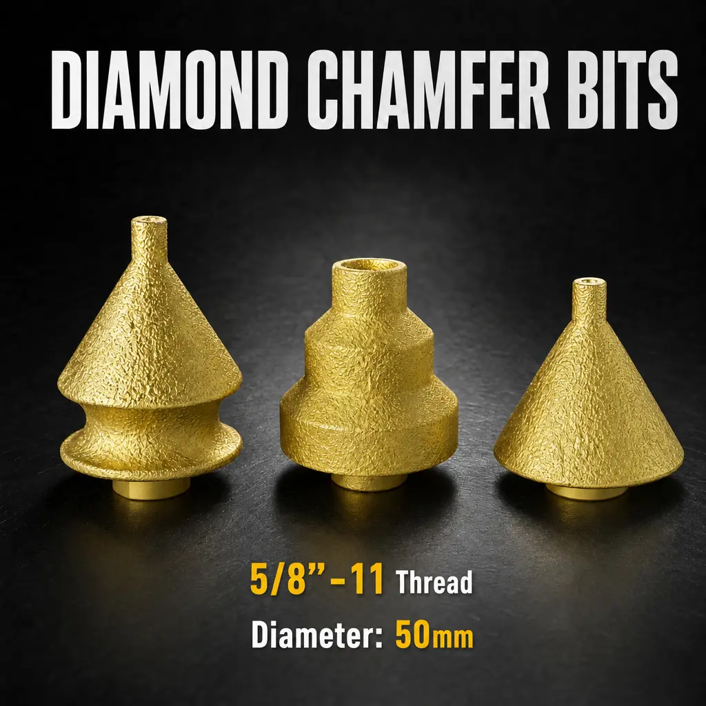 HUANG CHANG Multi-Size Golden Diamond Beveling Bit Set - Cone, Arc, 3-Step (20/35/50mm) 5/8” Thread Tool for Chip-Free Faucet & Sink Hole Shaping on Granite Marble Tile, Drilling/Grinding Stone