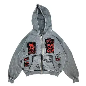 Vintage Washed Grey Oversized Zip Up Hoodie, Gothic Skull Demon Graphic Print Streetwear, Y2K Grunge Embroidered Patchwork Jacket, Punk Harajuku Casual Sweatshirt for Men Women