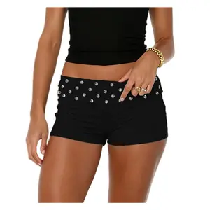 Women Studded Fold Over Micro Shorts Elastic Low Rise Rivet Embroidered Mini Shorts Y2K Punk Foldover Boxers Party Streetwear