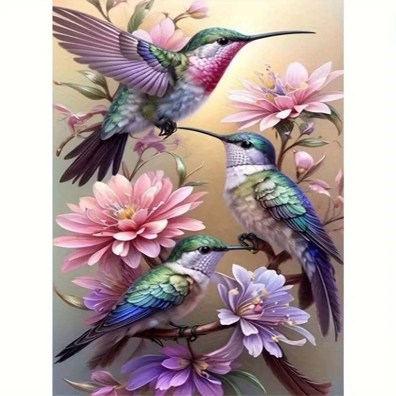 1 piece, [Three Hummingbirds], 5D diamond painting, frameless, includes tool kit. All-art portrait painting,hummingbird hippy figured art diamond painting  kits, suitable for home decoration, handmade, relaxing, and stress-relieving gift.