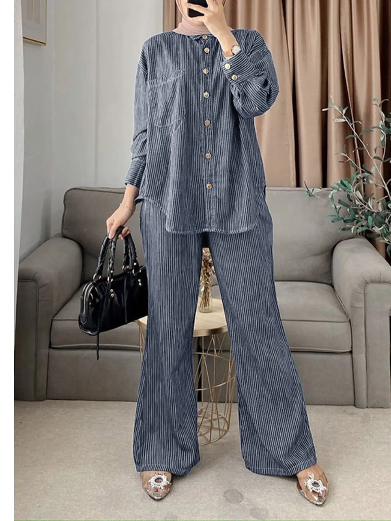 Women's Casual Style Striped Set Outfit, Casual Matching Set, High Waisted Sets, Button Front Long Sleeve Blouse + High Waist Straight Leg Pants, Loose-Fitting, All Seasons, Everyday Commute