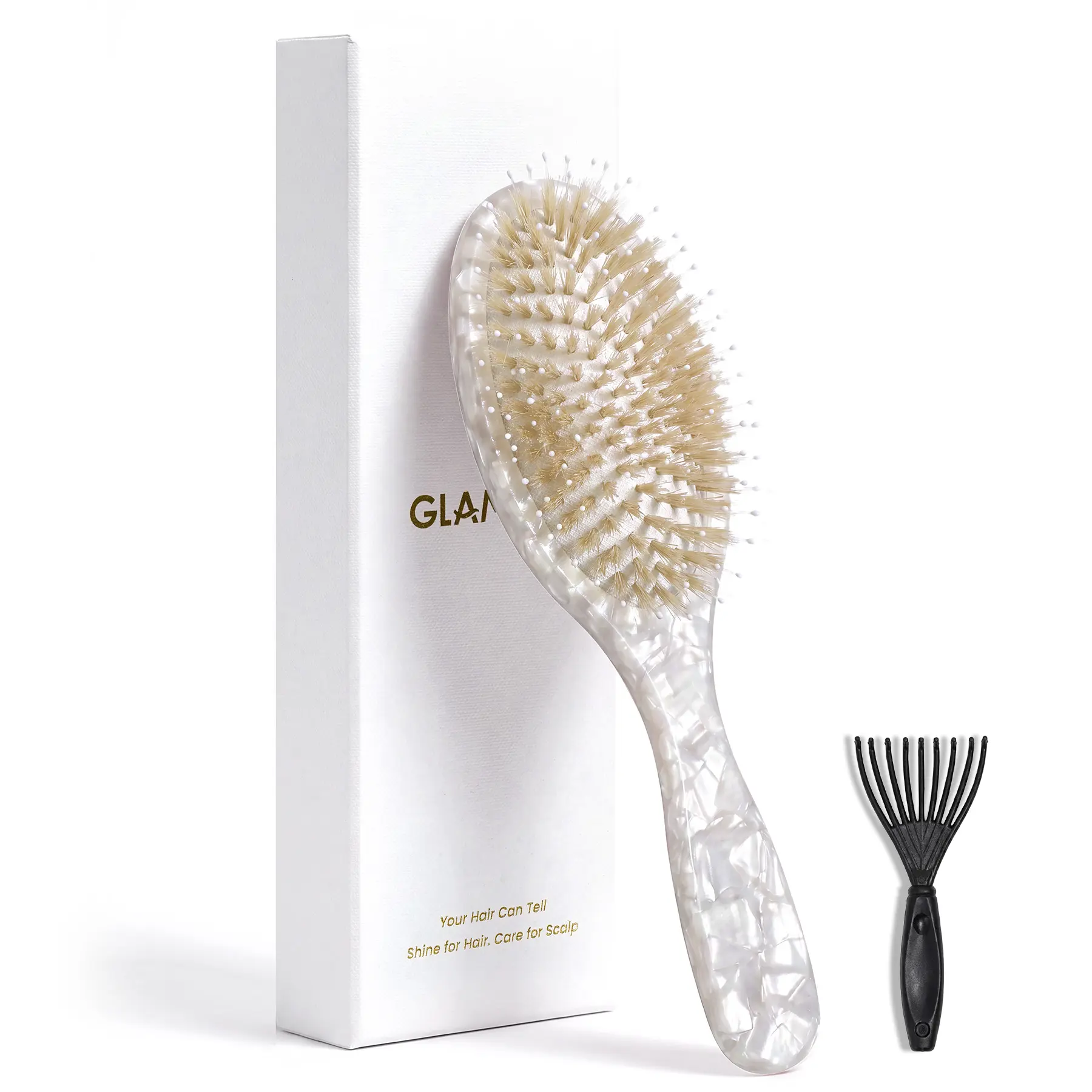 GLAMUP Natural White Boar Bristle Hairbrush, Premium Cellulose Acetate Paddle Brush for Shine & Damage Free Hair Care