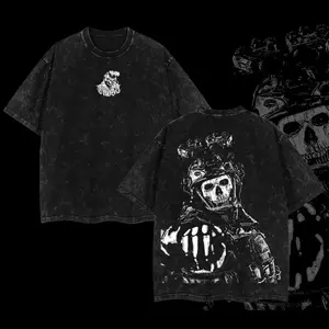 Ghost COD Double Sided Print Acid Washed T-Shirt, Vintage Retro Gaming Oversized Heavyweight Cotton Graphic Tee, Casual Daily Wear Men Streetwear Top