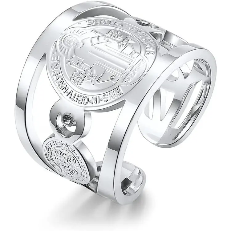 Men's St Benedict Rings Stainless Steel Saint Exorcism Ring Christian  Catholic Roman Cross Protection Cubic Zirconia Ghost Hunter Open for Men Women Boys Fashion Gifts Birthday