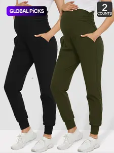 Maternity Solid-Color Ruched High-Waisted Pants with Pockets, Casual Fit Maternity Comfy Trousers for Fall and Winter, Maternity Bottoms for Pregnant Women, Pregnancy Clothes, Maternity Clothing