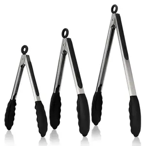 Silicone Kitchen Tongs Set, 3 Counts Non-stick Silicone Tongs with Stainless Steel Handle, Heat Resistant Food Tongs for Cooking, Baking, Frying, Kitchen Utensils, Kitchen Cooking Accessories, Three-Piece Kitchen Tongs Set, Kitchen Necessities