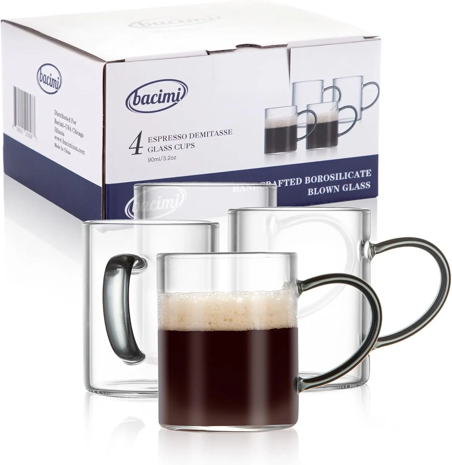 Bacimi Clear Demitasse Mini Espresso Cups with Smoke Handles - Set of 4 / 3oz / 90 ML - Borosilicate Glass 3mm Thick for Espresso, Cappuccino, Latte & Hot Beverage -Dishwasher/Microwave Safe