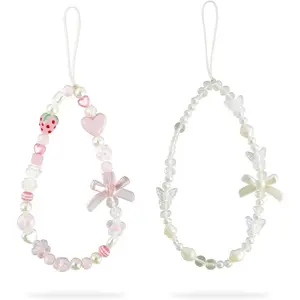 L-PCS013  Pink Beaded Phone Wrist Straps, Y2K Phone Case Charms Camera Charm Strap, Lanyard Keychain Wristlet Aesthetic Cellphone Charm