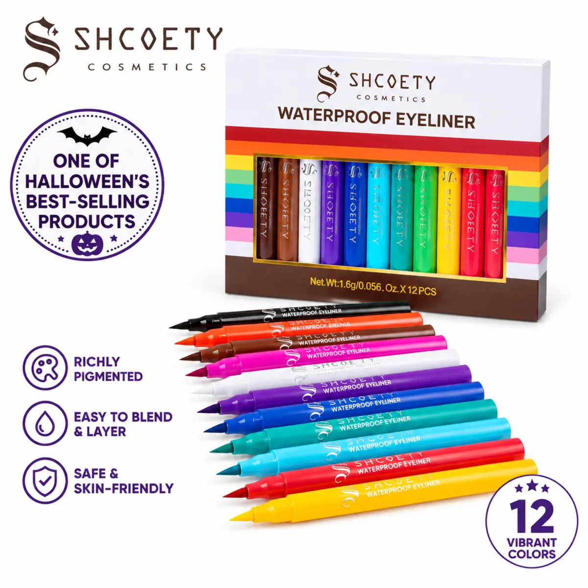 Women's 12PCS Matte Longwear Multicolor Liquid Eyeliner Set - Rainbow Neon Shades, Waterproof and Sweat Resistant, Smudgeproof, Fine Pointed, Classic Style with Lipliner, Halloween Christmas Gift for Adults All Skin Types, Fine Pointed Eyeliner, Waterproo