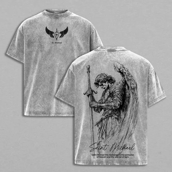 2026 New Menswear Vintage Round Neck Short-Sleeve T-Shirt, Washed Grey Distressed Saint Michael Archangel Christian Graphic Tee, Soft Cotton Religious Streetwear Y2K Top, St. Michael The Protector Print Summer Outfit, Perfect Gift for Catholic Believers,s