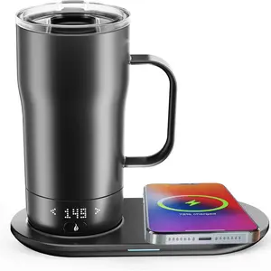 Smart Self Heating Coffee Mug Drinkware 18 Oz Temperature Control Heated Coffee Mug App Controlled Warmer Mug 5-10 Hour LED Display Keep Coffee Hot All Day Fast Wireless Charger Base Iron Black Cup Tumbler