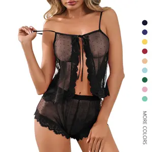 Danedvi Women Sexy Lace Pajamas Lingerie Set High Waist Sheer Sleepwear Bow Ties Cami Shorts Set