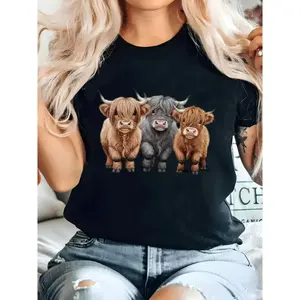 Women's Loose Fit T-Shirt - Friendly Casual Everyday Top with Cute Highland Cattle Graphic - Non-See-Through Fabric for Women & Teens - Spring/Summer Wardrobe Essential, Cow Print Shirt, Spring Summer Apparel, Playful Graphic Tee