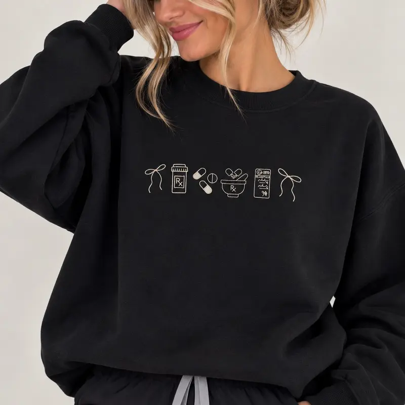 Pharmacy icon Aesthetic embroidered Sweatshirt Casual Crew Neck. Pharmacist/ pharmacy tech Long SleeveCasual Comfortable Casual Wear - Cute, Tops, Hoodie Womenswear Crewneck Sweatshirt Cotton