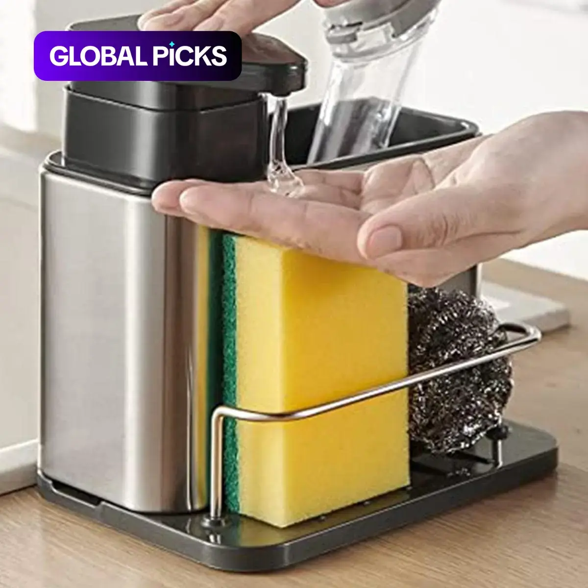 Kitchen Sink Dish Soap Dispenser, 1 Count 3-in-1 Stainless Steel Pump with Sponge Holder & Storage Rack, Home Organizer for Kitchen Sink, Liquid Dispenser #GLOBAL PICKS