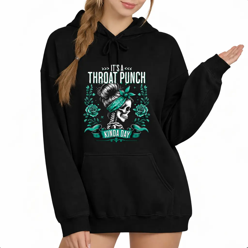 Sarcastic Women's Teal Hoodie with Skeleton Bandana – Long Sleeve Streetwear with Quote Print Fabric Fit Womenswear Floral Soft Sweatshirts Tops Pullover