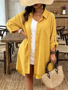 Fashion Plus Size Solid Color Basic versized Button-Down Blouse, Spring Long-Sleeve Loose Casual Fashion Wear Women Shirts Y2K Clothes Layering Outfits Trendy Street Style