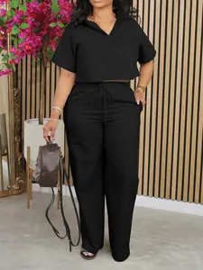 Two-piece Set Women's Solid Woven Button Front Fitted Crop Shirt & Elastic Waist Pants Set, Chic Casual Drop Shoulder Short Sleeve Top & Pocket Drawstring Trousers Set for Summer, Ladies Clothes for Daily Wear