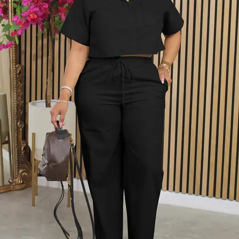 Two-piece Set Women's Solid Woven Button Front Fitted Crop Shirt & Elastic Waist Pants Set, Casual Style Outfit Drop Shoulder Short Sleeve Top & Pocket Drawstring Trousers Set for Summer, Matching Set Summer, Womenswear