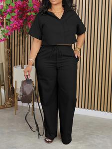 two-piece set women's solid button front crop shirt & elastic waist pants set, casual drop shoulder short sleeve top & pocket drawstring trousers set for summer, ladies clothes for daily wear