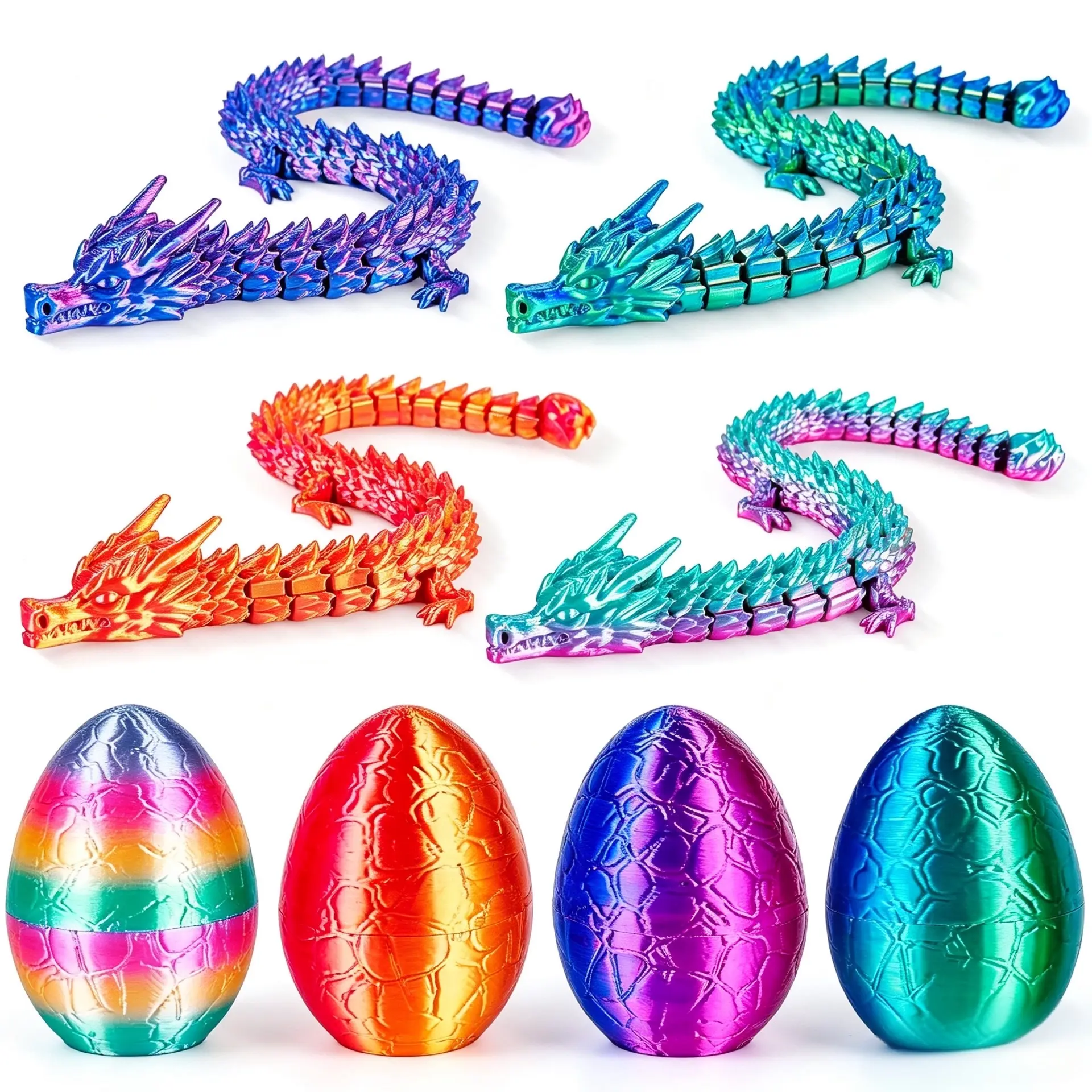 4Pcs 3D Printed Dragon Eggs with Articulated Dragon Inside, 8.86" Flexible Mystery Dragon Toy Set, Cool Fidget Toys for Kids & Adults, Fantasy Home Decor, Easter Christmas Birthday Gift