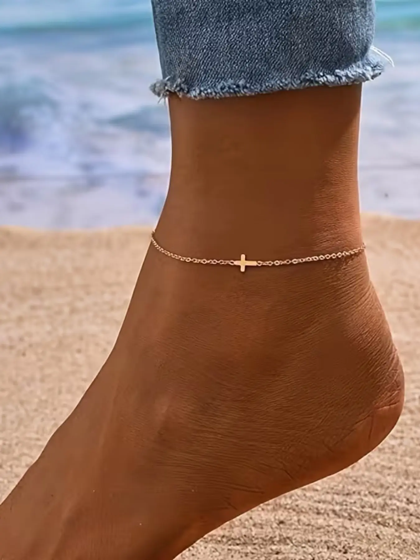 2026 Summer Beach Anklet, Elegant Cross Design, 18k Gold Plated, Embedded Colorful Pearls, Simple Summer Anklet, Anklet Jewelry, Perfect Gift, Ankle Bracelets