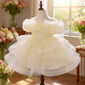 190 Girl Spring/Summer Elegant Pink Birthday Party Dress Small Floral Pattern Elegant Girl's Mesh Dress Kids Toddler Girls Sweet Casual Pink Dress