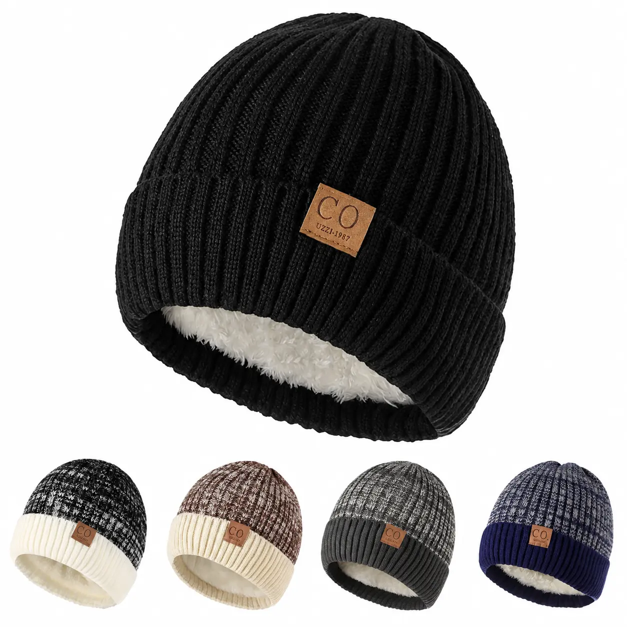 【Black Friday】Unisex Fleece-Lined Knit Beanie Hat - Warm Winter Ribbed Cuff Skull Cap with Vintage Leather Patch, Men's Accessories for Outdoor Skiing