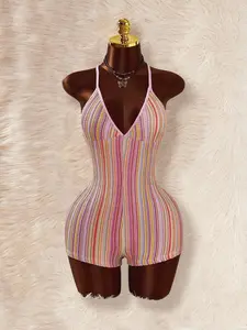 VRONA Spaghetti Strap Triangle Cup Criss Cross Bodycon Onesie Festival Clothing Coquette Core