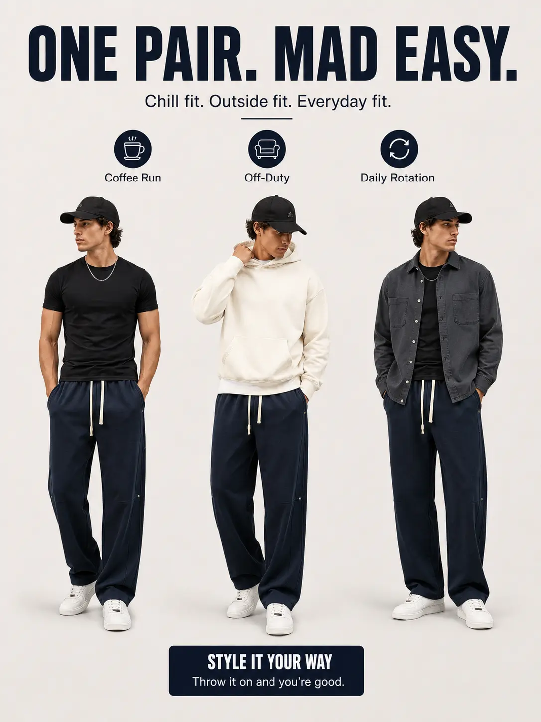 Men's Solid Wide Leg Heavy-Knit Pants, Classic Baggy Men's Pants with Elastic Waist Drawstring & Pockets, Straight Leg Casual Lounge Bottoms for Autumn Winter Workout Street Dance