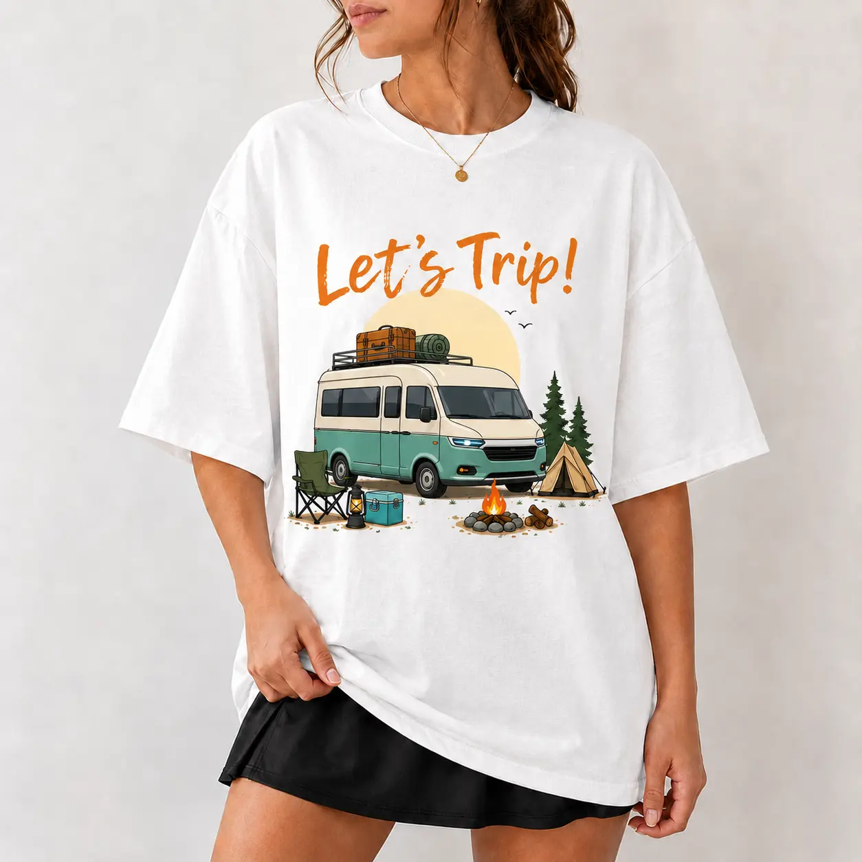 [100% Cotton] Let's Trip T-Shirt, Retro Road Trip Graphic Tee, Outdoor Travel Shirt, Vintage Camping Oversized Tee, Adventure Weekend Outfit, Let's Trip Gift for Travelers and Nature Lovers