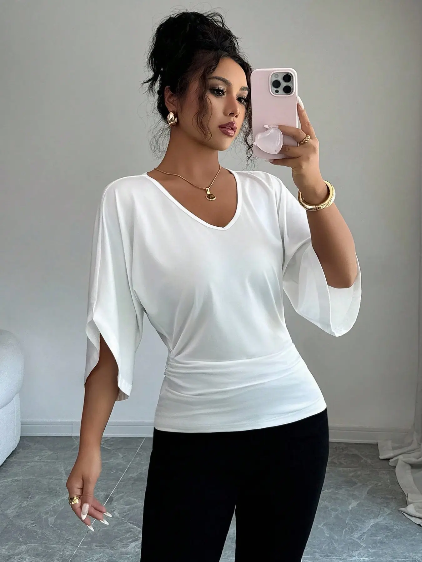 V Neck Batwing Sleeve Waist Cinch T-Shirt, Solid Color Loose Wrinkle Top, Casual Daily Wear, Coffee Date, Shopping, Travel, Everyday Basic Fit