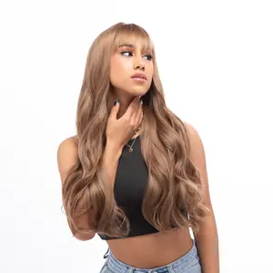 27-Inch Solid Champagne Brown Body Wave Curl Synthetic Wig | 【Heat Resistant】【Cap Included】 | FSGB