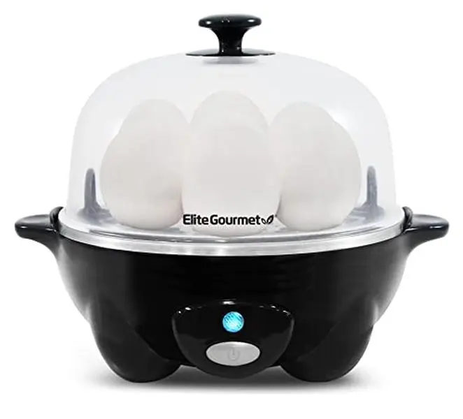 Elite Gourmet EGC-007B# Rapid Egg Cooker, 7 Easy-To-Peel, Hard, Medium, Soft Boiled Eggs, Poacher, Omelet Maker, Auto Shut-Off, Alarm, 16-Recipe Booklet, Black