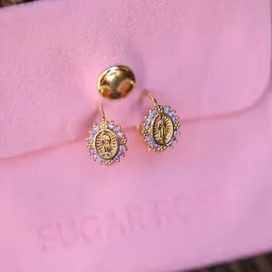 Purple Virgin Mary Dainty Gold Hoop Earrings