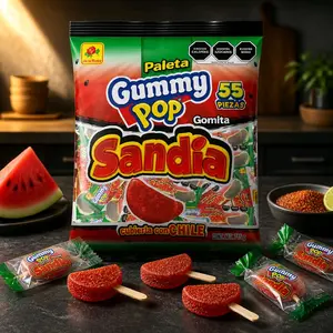 Paleta Gummy Pop Watermelon Lollipop 55 Pieces Sandia Gomita Cubierta con Chile 55ct Candy Snack