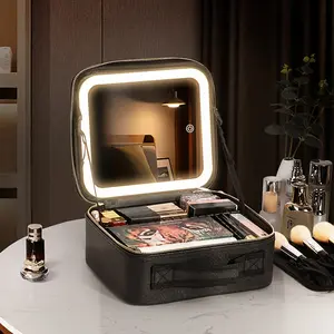 Travel Makeup Bag with LED Adjustable Mirror Brightness, Portable Cosmetic Case for Travel, Adjustable Compartments and Mirror, Brush Storage Box, Makeup Cosmetic Organizer