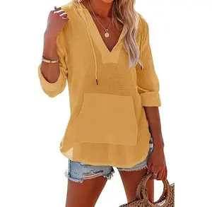 Beotyshow Women's Beach Cover Up hoodies sweatshirt Long Sleeve V Neck Pocketed Hooded Shirt Top