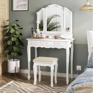 Sikaic Makeup Vanity Set with LED Mirror, Cushioned Stool, 3 Colors Lighting, Power Strip, 2 USB Ports, Tri-Fold Mirror, Necklace Hooks, 3 Drawers, White, Modern Design, Engineered Wood, 31.5 x 16.1 x 55.1 inches