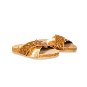 Myra Prairie Handtooled Leather Slide Sandals for Women â€“ Floral Western Design, Soft Cork Footbed for Comfort
