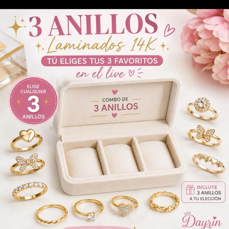 Elige tus 3 anillos favoritos en live. Laminado 14 k
