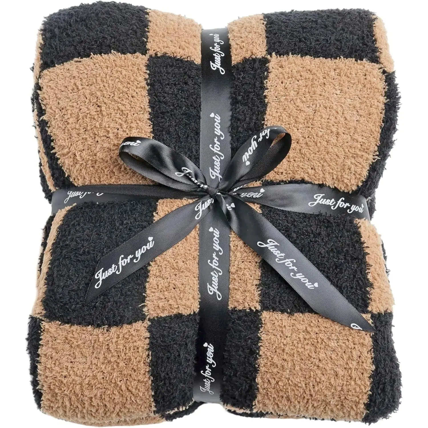 Ultra Soft Checkered Blanket Cozy Buffalo Check Throw Fluffy Knitted Reversible Throw Blanket Lightweight Fleece Checkerboard Grid Blanket for Sofa Couch Bed Travel, Black/Camel, 51''x63''