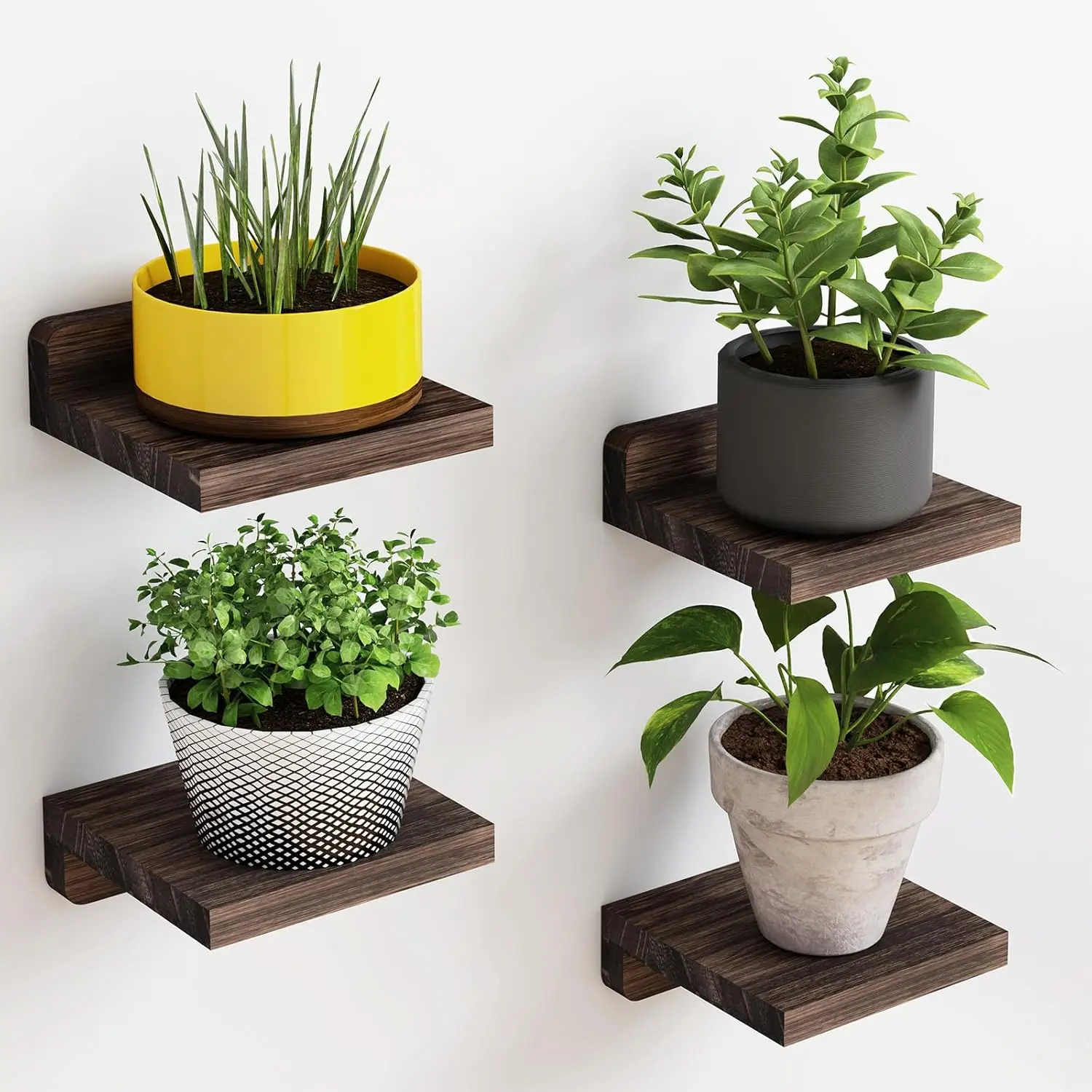 Small Floating Shelves, 5X5 Inches Wall Shelf Set of 4, Rustic Wood Small Wall Mounted Shelves for Bedroom, Living Room, Kitchen, Bathroom Decor (Dark Carbonized Black)