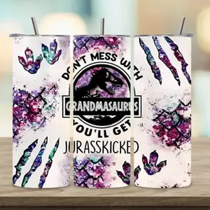 Don't Mess With Grandmasaurus You'll Get Jurasskicked 20oz Tumbler with Purple Floral Design and Claw Marks