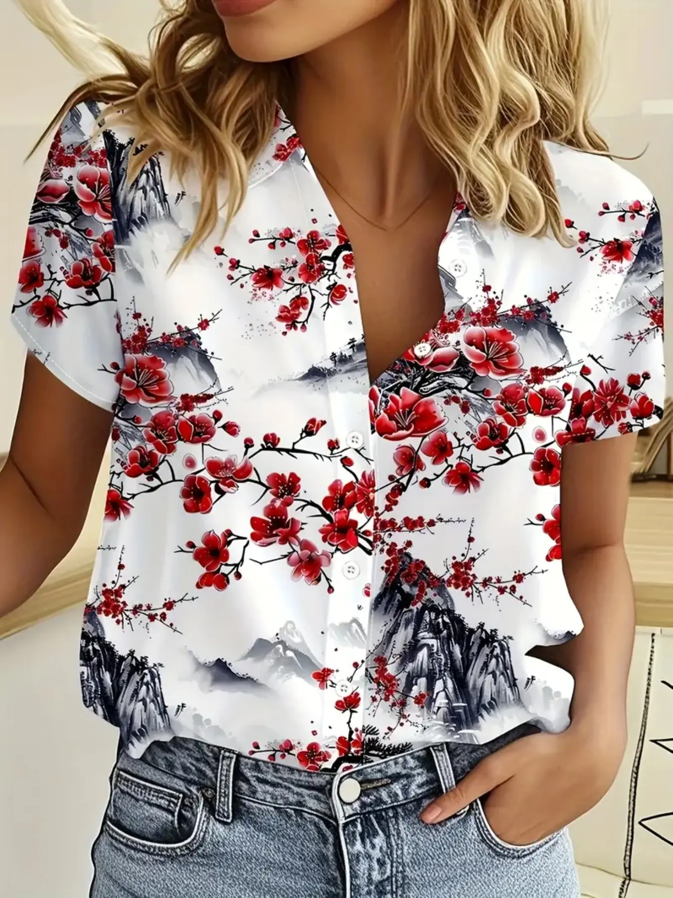 2026 Women's New Traditional Chinese Ink Landscape Plum Print Short Sleeve Shirt, Loose-Fit Casual Vacation Top, H-Type Collar