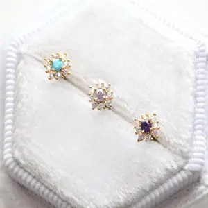 Mini Iridescent Sunflower Cartilage Earring • 18g Tragus Threadless Pushin • 20g Dainty Flower Labret • Conch Floral Moonstone Piercing